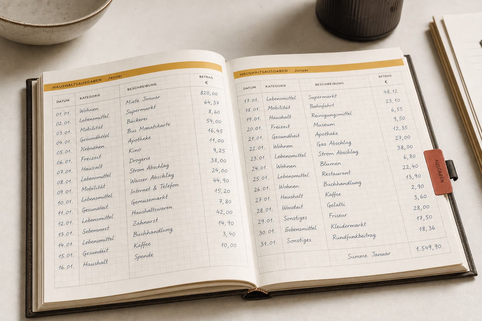 Offenes Haushaltsjournal mit handschriftlichen Ausgabenzeilen auf Millimeterpapier