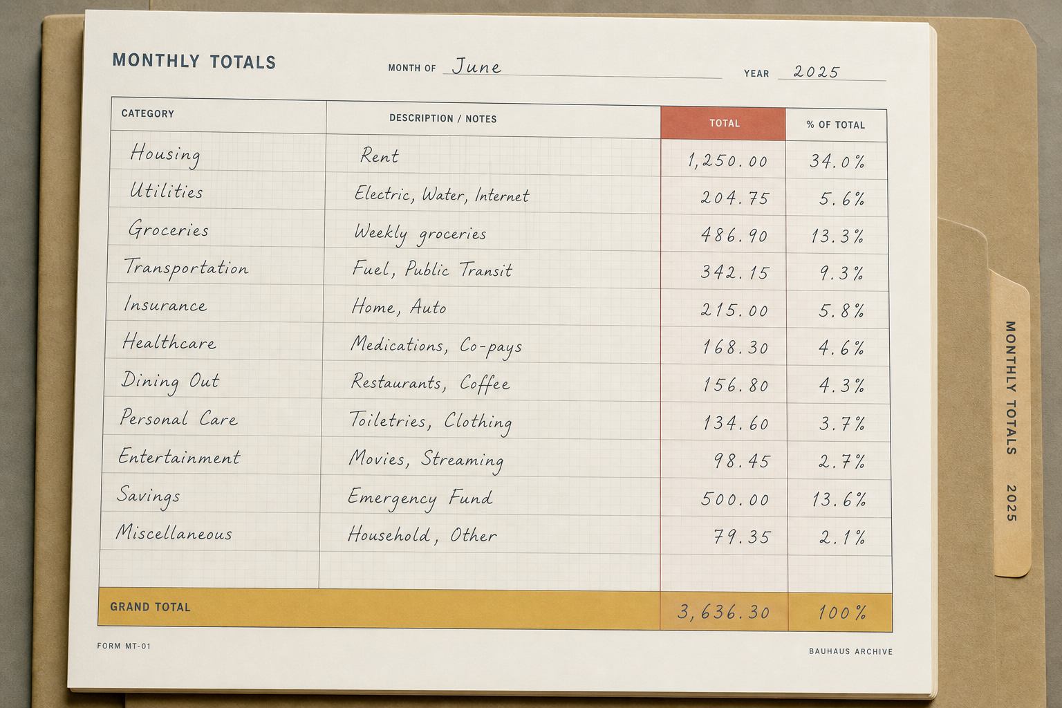 Monatsabschluss-Tabelle mit Kategoriezeilen und Summenfeldern auf Papier